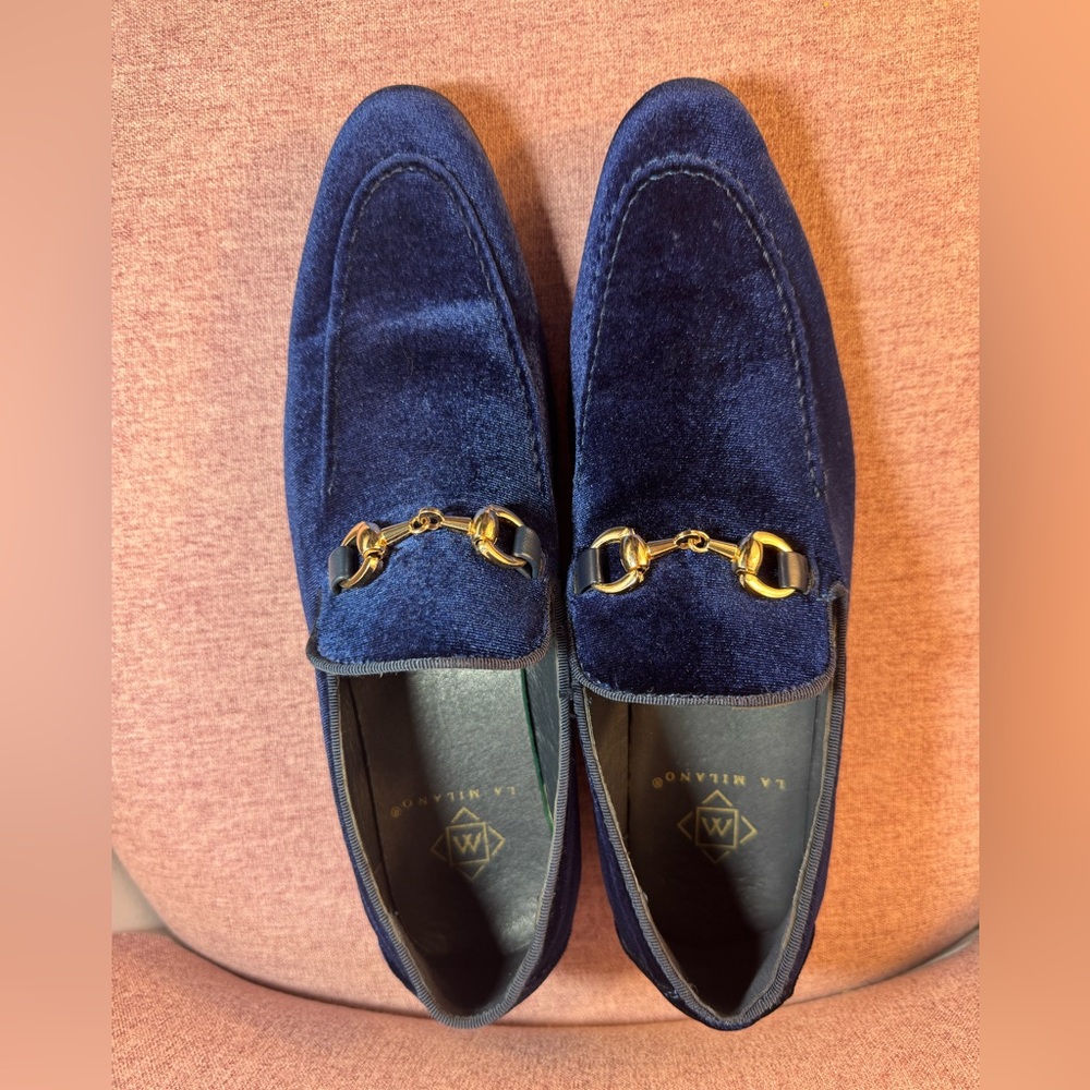 La Milano Barney Navy Blue Velvet Bit Loafers Mens 7.5 Formal Dress Shoes A11508